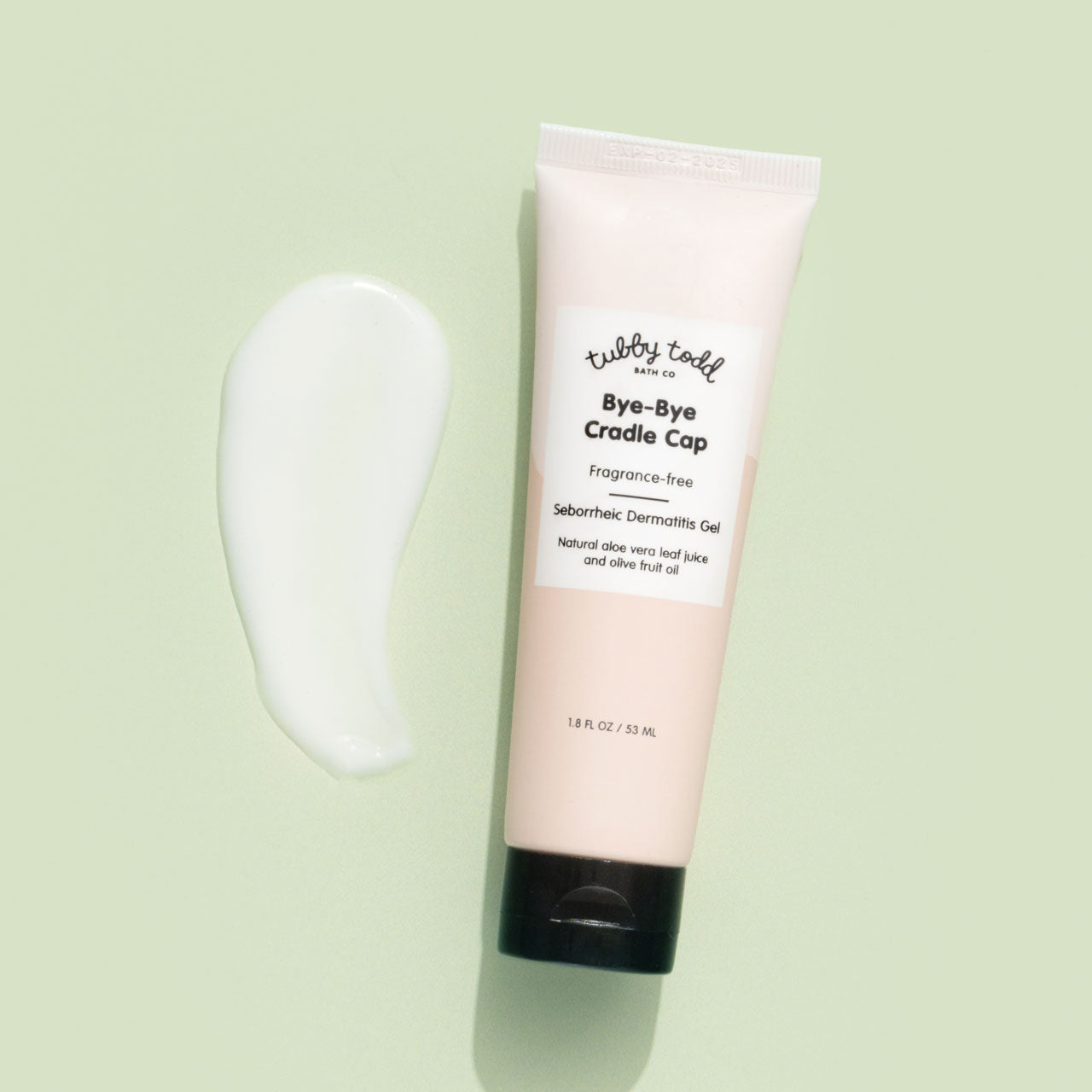 Bye-Bye Cradle Cap bottle with texture next to it